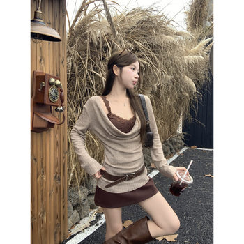 Maillard French Swing Collar Blouse Lace Suspender Two-Piece Set Sexy Light Mature Waist Pure Desire Suit for Women