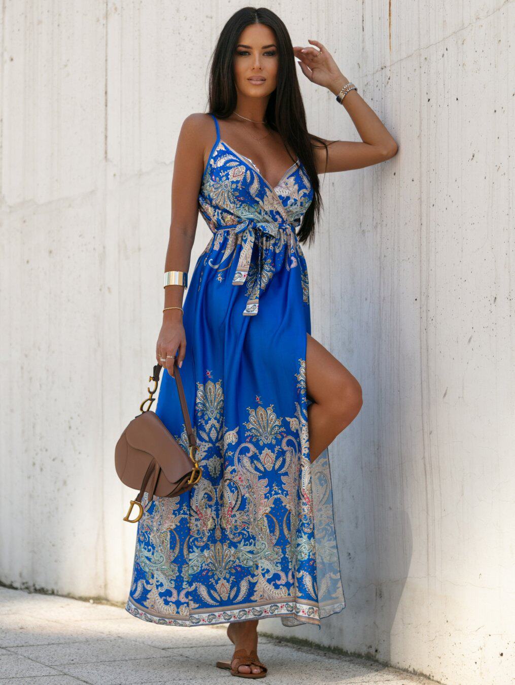 Floral Maxi Dress Sexy V Neck Spaghetti Straps Side Slit Vacation Style Wholesale Available