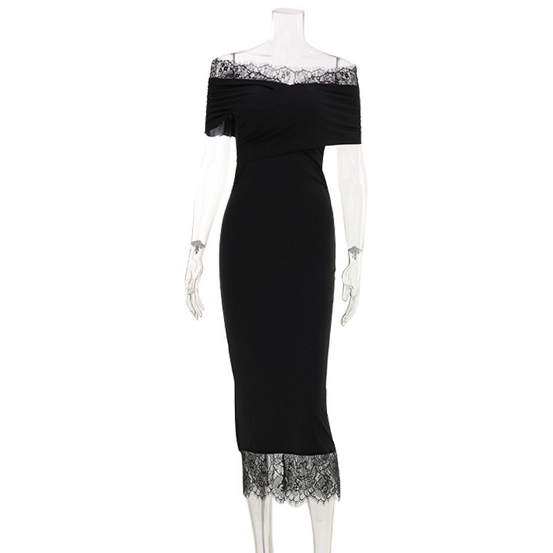 French Style Elegant Long Dress Lace Panel Solid Color Puff Sleeve Perfect for Formal Events Wholesale Available