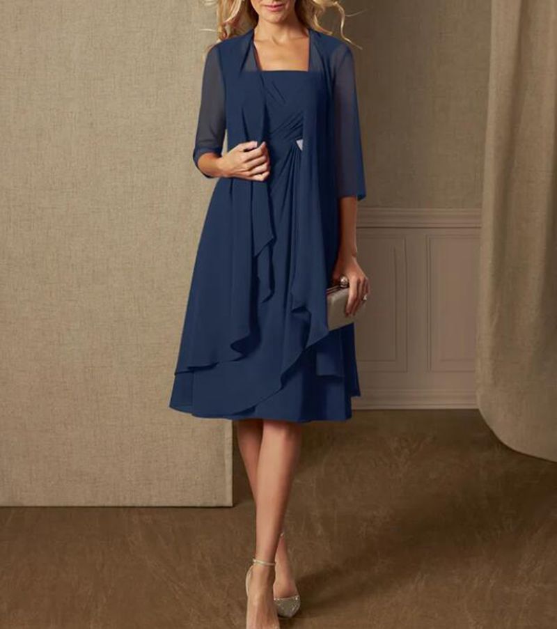 Chiffon Long Sleeve Dress with Rhinestones Elegant Two Piece Set Spring Autumn Office Wear