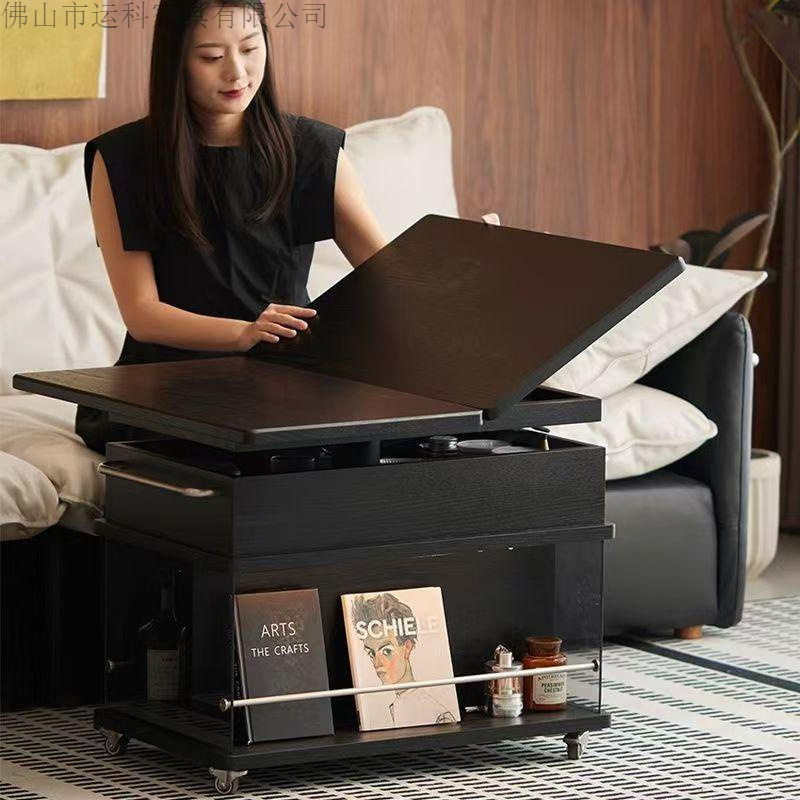 Light Luxury Solid Wood Mobile Lift Foldable Coffee Table with Side Cabinet Multi-Functional Sofa Simple Modern Small Apartment