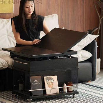 Light Luxury Solid Wood Mobile Lift Foldable Coffee Table with Side Cabinet Multi-Functional Sofa Simple Modern Small Apartment