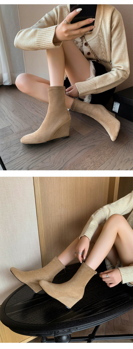 Boot nữ cổ thấp ôm chân gót xuồng 8cm khóa kéo sau — Lớp lót đơn màu đen, Lớp lót đơn màu kaki, Lót nhung đen, Lót nhung màu kaki