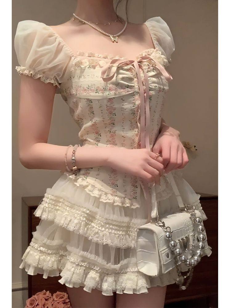 Pastoral Princess 2.0 Summer Ballet Style Sweet Top Puff Skirt Waist Slimming Hot Girl Skirt Two-Piece Set