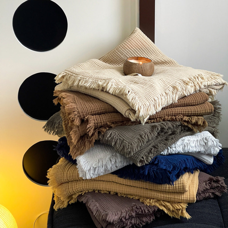 Maillard Style Sofa Blanket, Four-Layer Crinkled Yarn Tassel Blanket, Pure Cotton Office Throw Blanket, Car Leisure Blanket, Dropshipping