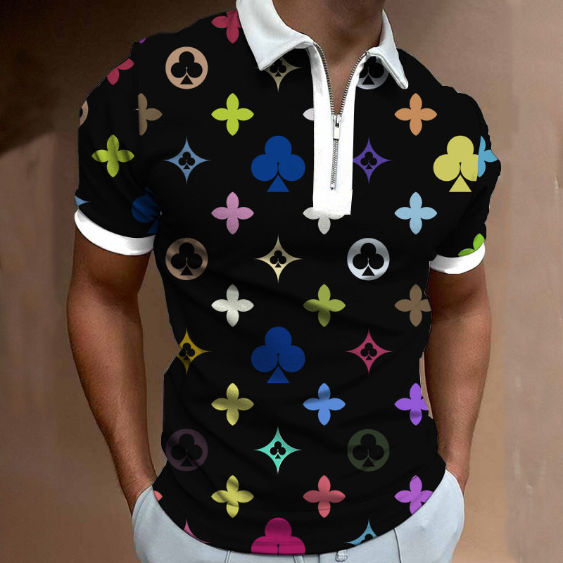 外贸亚马逊春夏新款男士翻领上衣数码印花时尚休闲拉链短袖Polo衫