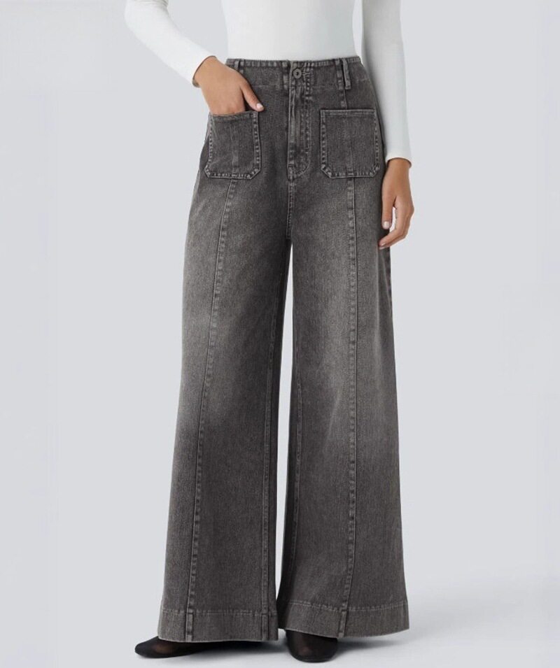 High Waisted Pocketed Patchwork Button Zipper Wide Leg Jeans Womens Fashion Fall Winter Collection Wholesale Available
