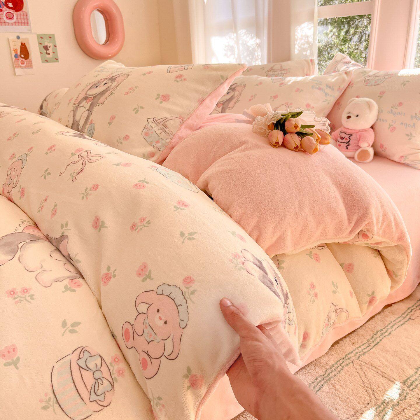 Winter Thickeneded Milk Velvet Bed Four-Piece Set Double-Sided Coral Velvet Quilt Cover Flannel Fleece-Lined Bed Bed Sheets Quilt Cover Three-Piece Set