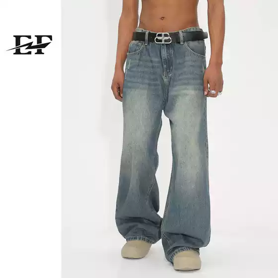 EF denim | New men's vintage denim pants, washed water loose wide leg pants, retro simple and versatile