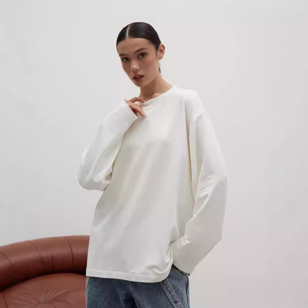 Womens Long Sleeve T Shirt 260g Combed Cotton Solid Color Loose Fit Casual Style High Quality Ready to Ship