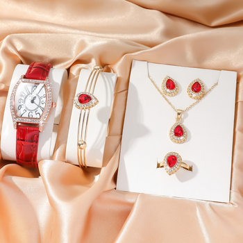 5Pcs/Set Simple and Fashionable Diamond Digital Surface Red Belt Watch Jewelry Set