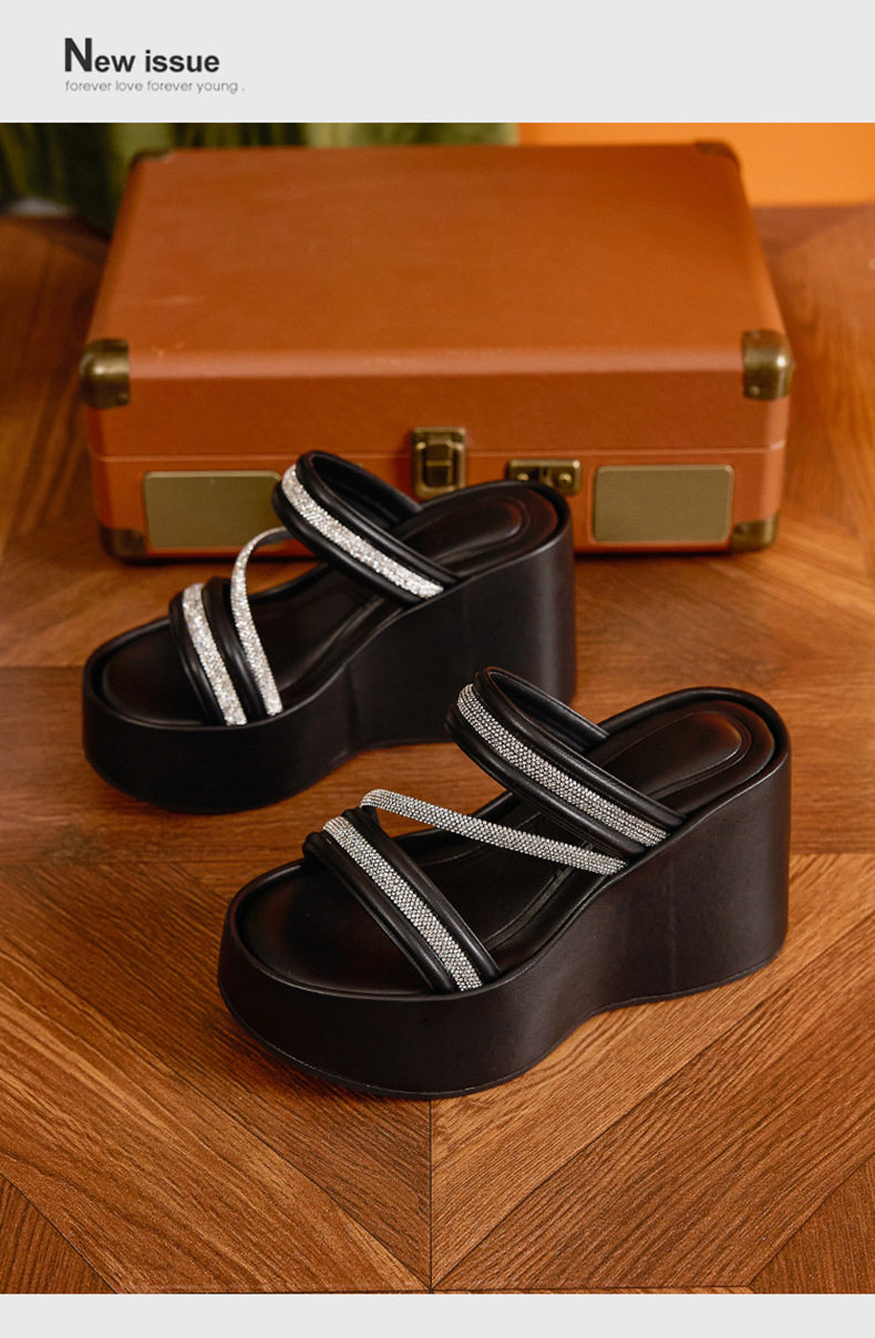 Dép sandal nữ đế dày platform gót 10 cm mũi tròn phong cách đơn giản — Đen, Len nguyên chất chi tiết 14