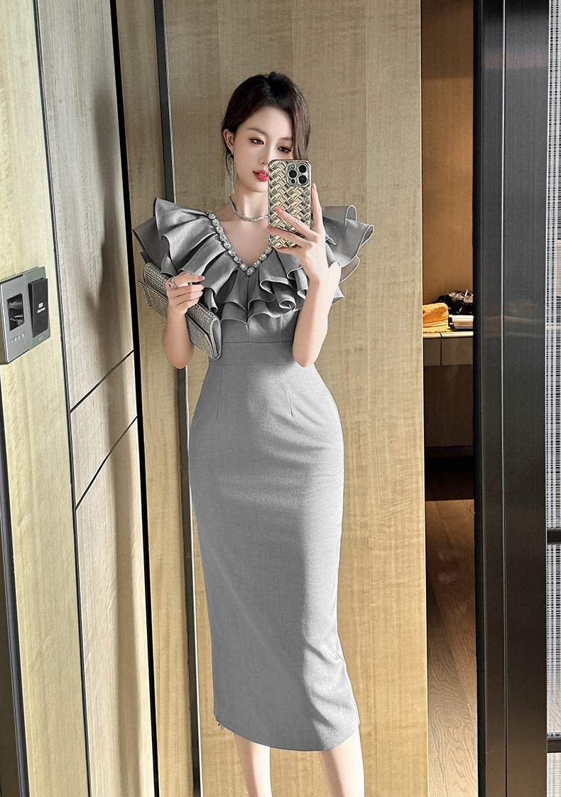 Đầm ôm body nữ cổ V eo cao tay bèo — [Xám] chi tiết 5