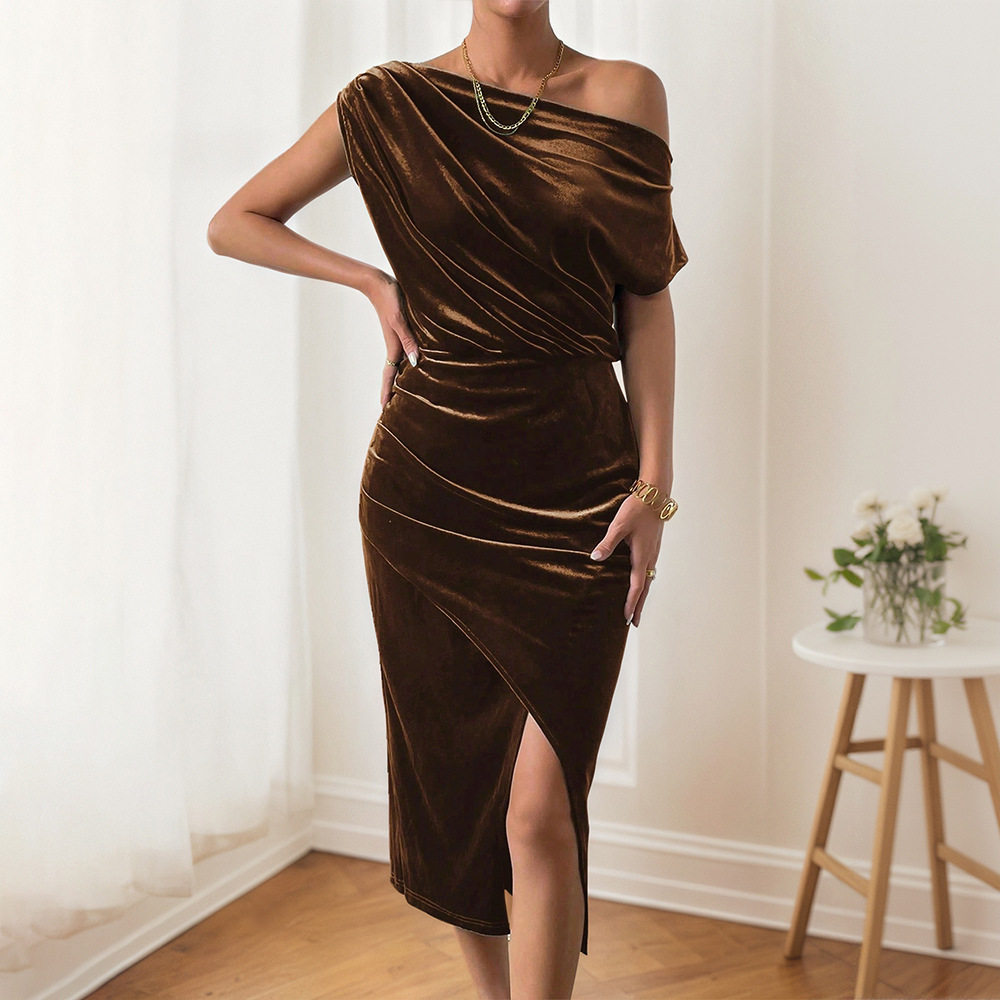 Velvet One Shoulder Dress Slim Fit Side Slit Elegant Design Spring Summer Party Gown Wholesale Available