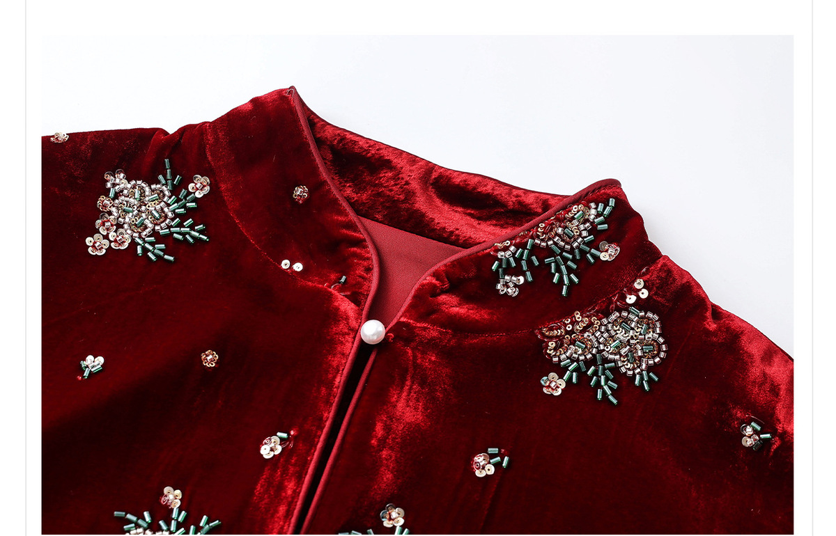 Áo sơ mi nữ lụa tơ tằm cổ đứng cài khuy kiểu cardigan thêu hoa — Dương Tây Đỏ (Giao Hàng Ngay)