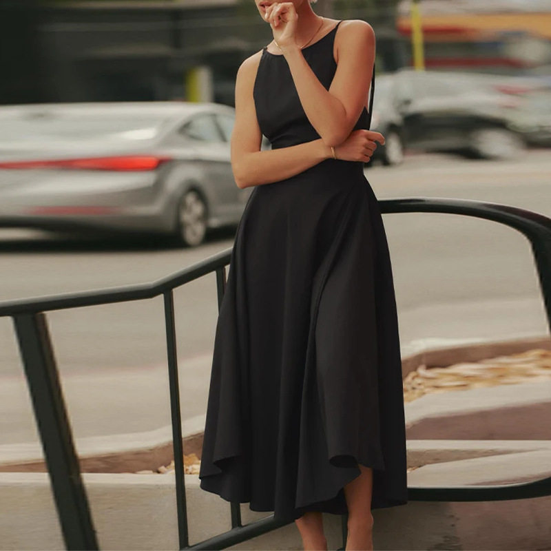 Womens Summer Dress Elegant Solid Color Round Neck Slim Fit Perfect for Casual Outings or Events Wholesale