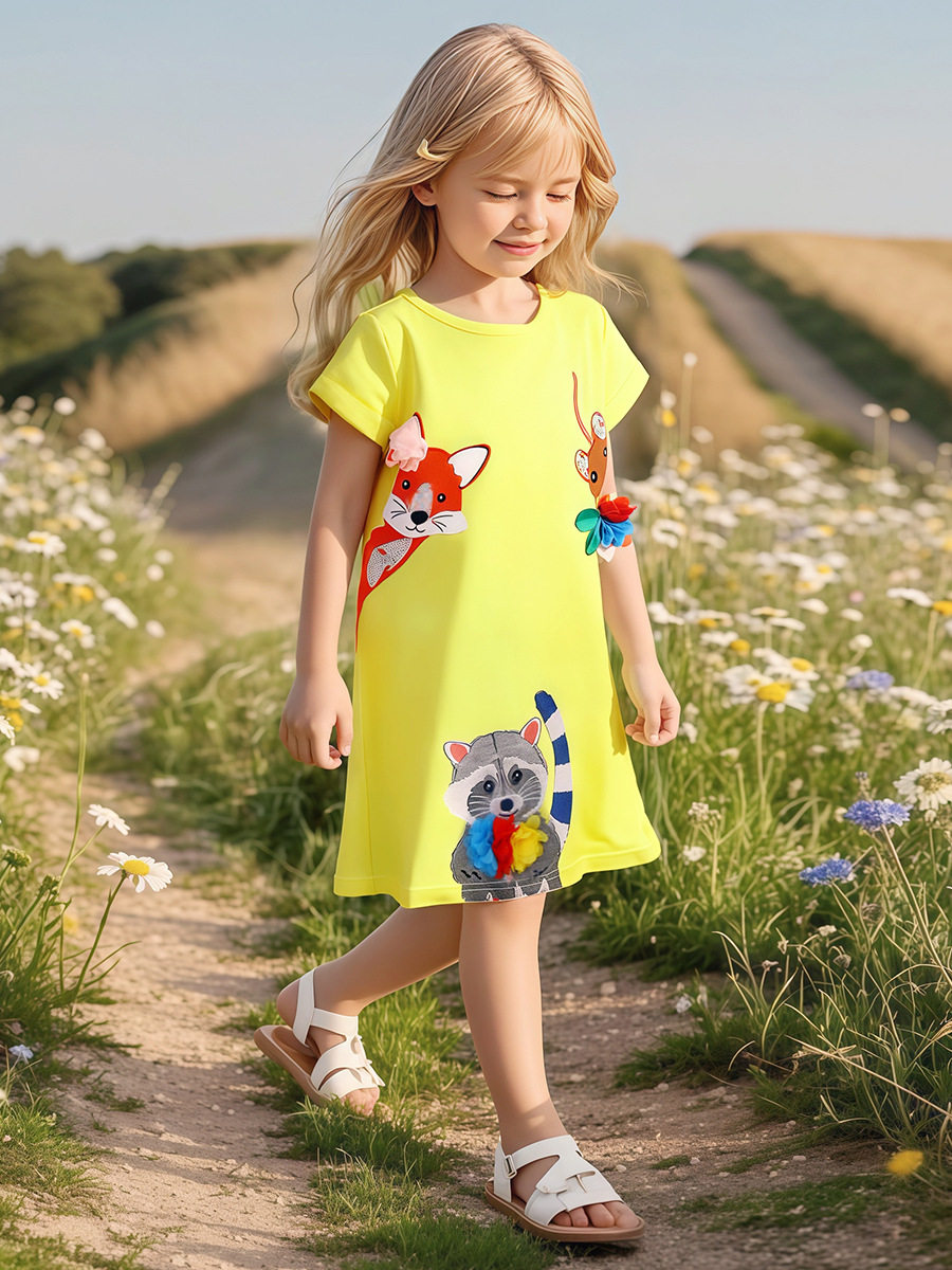 Girls' Summer Cartoon Short-Sleeve Dress Wholesale from Source Factory, Applique Kids' Dress