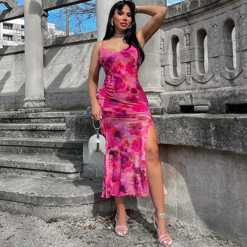 Sleeveless V Neck Floral Print Midi Dress Backless High Slit Elegant Style Perfect for Summer Events Wholesale