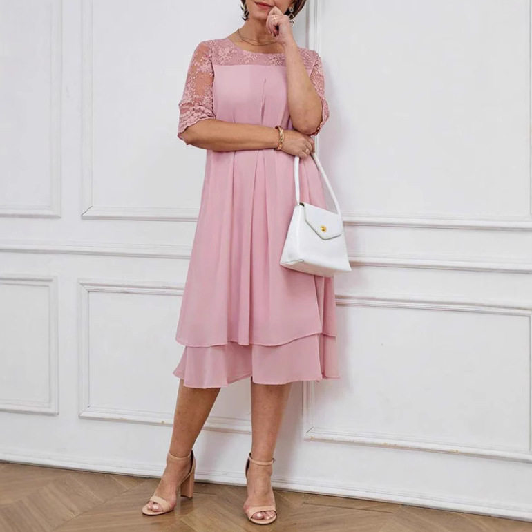 Elegant Solid Color Lace Dress with Half Sleeves Round Neck Floral Trim Autumn Fashion Wholesale Available