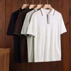 Italian High-Quality Old Money Style Silk-Cotton Contrast Collar Knit Polo Shirt Casual Business Short Sleeve Men's