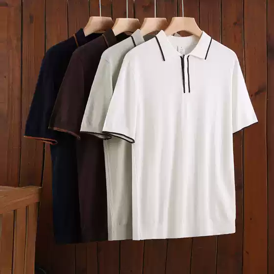 Italian High-Quality Old Money Style Silk-Cotton Contrast Collar Knit Polo Shirt Casual Business Short Sleeve Men's
