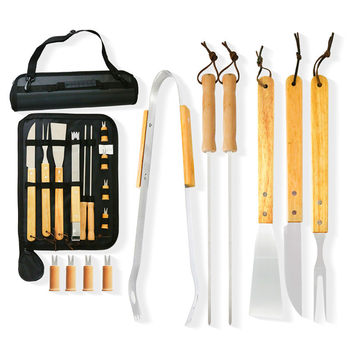 Baking tool bamboo box 5 pieces suit baking basin BBQ Tools stainless steel barbecue tool knife fork shovel clip label Oxford cloth bag