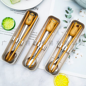 Cute Beech Wood Stitching 304 Stainless Steel Spoon Chopsticks Portable Tableware Set Creative Tableware Set