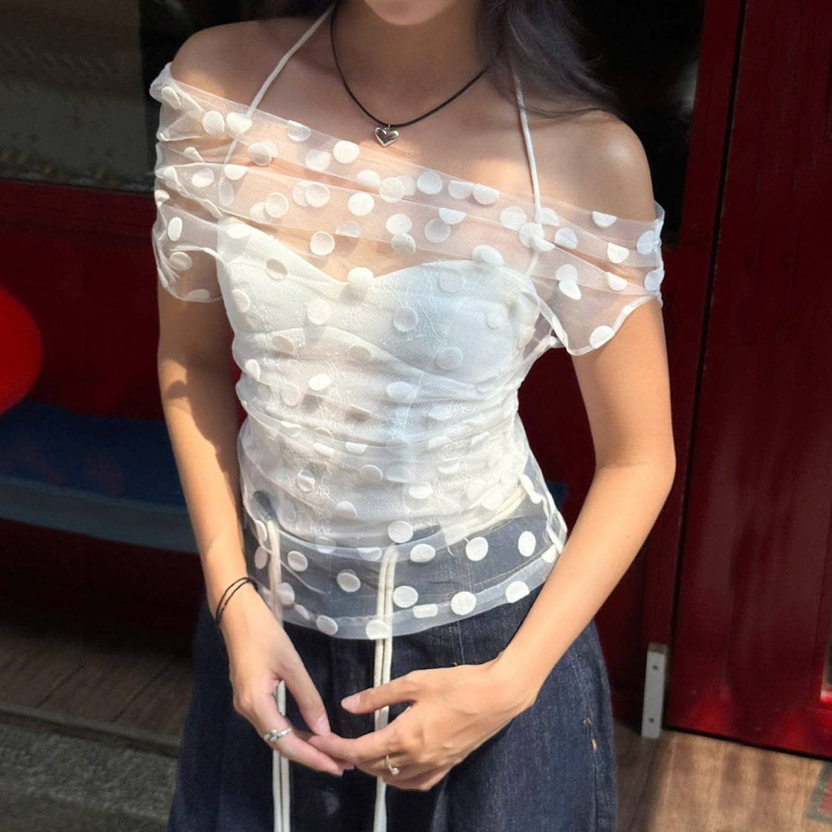 Spring Womens Fashion Sexy Off Shoulder Sheer Mesh Top Halter Neck Tank Set Casual Chic Style Wholesale Available