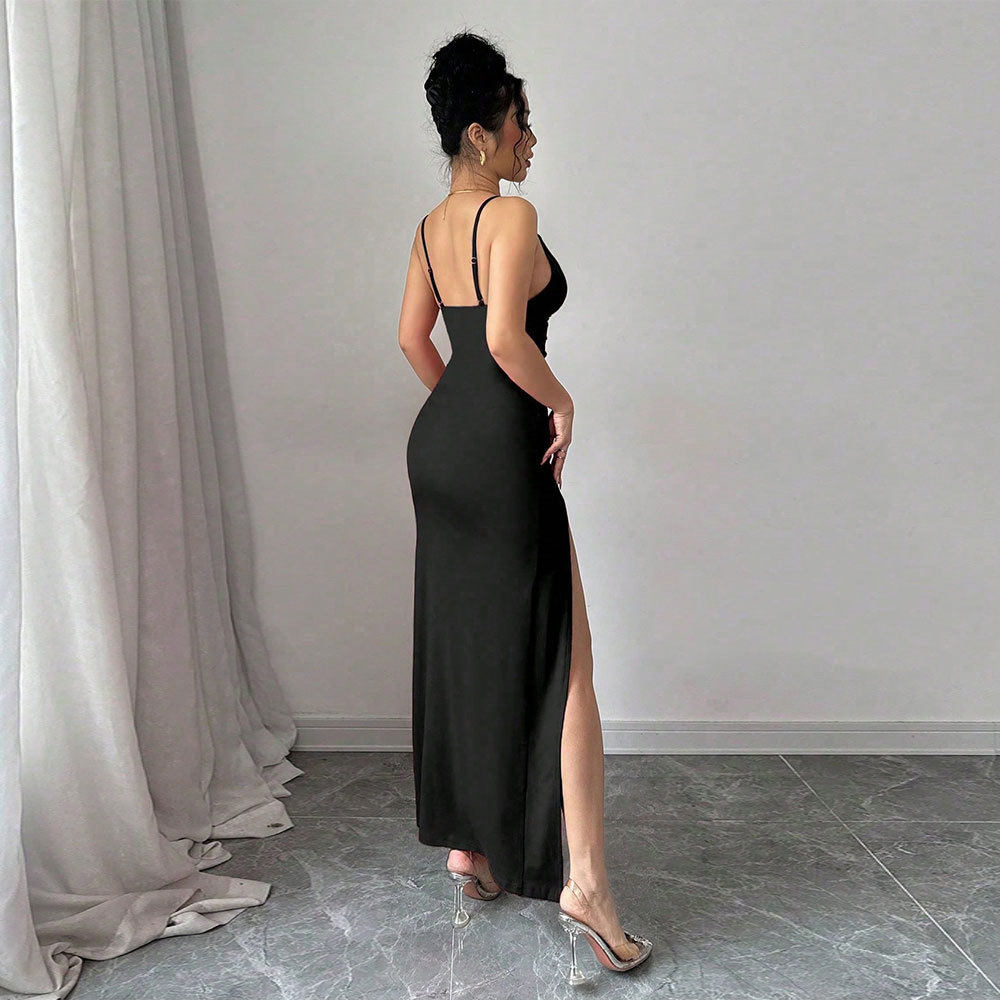 Lace Cutout Sexy Maxi Dress Summer Elegant Black Sleeveless Minimalist Style Wholesale Available
