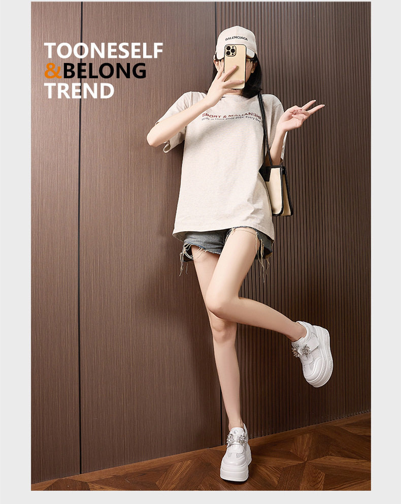Giày sneaker nữ đế dày chunky trắng phối đá rhinestone, form hầm hố, tăng chiều cao — Trắng, Xám chi tiết 13