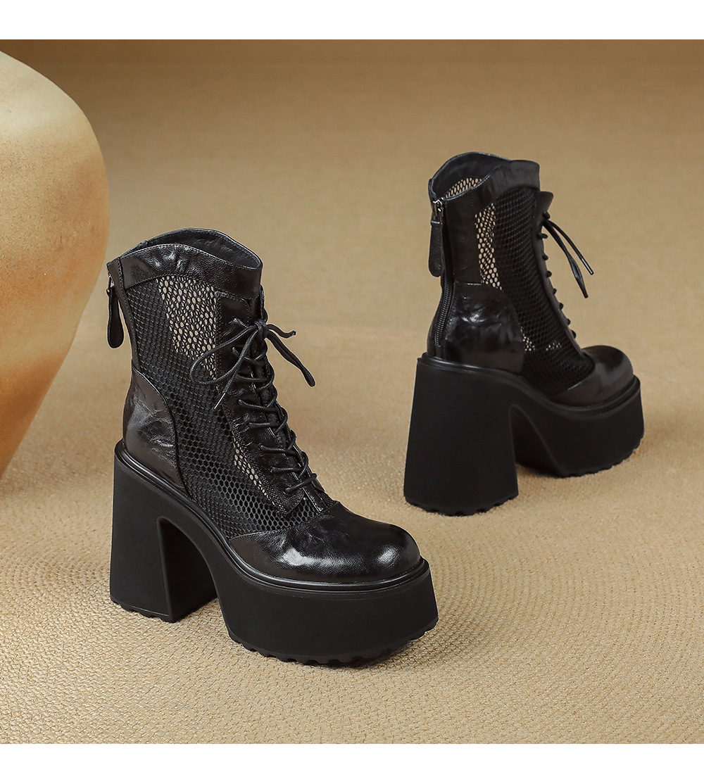 Boot nữ cao gót siêu cao đế platform khoét lỗ phối lưới thoáng khí — màu đen