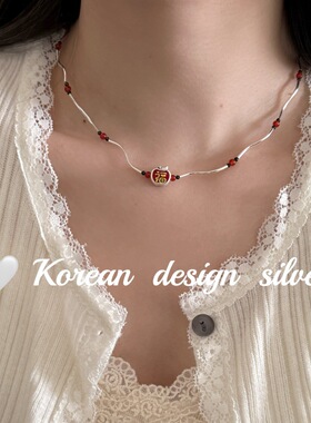 韩国秋冬ins设计银饰 S925纯银竹节红黑玛瑙福到红色滴釉苹果项链