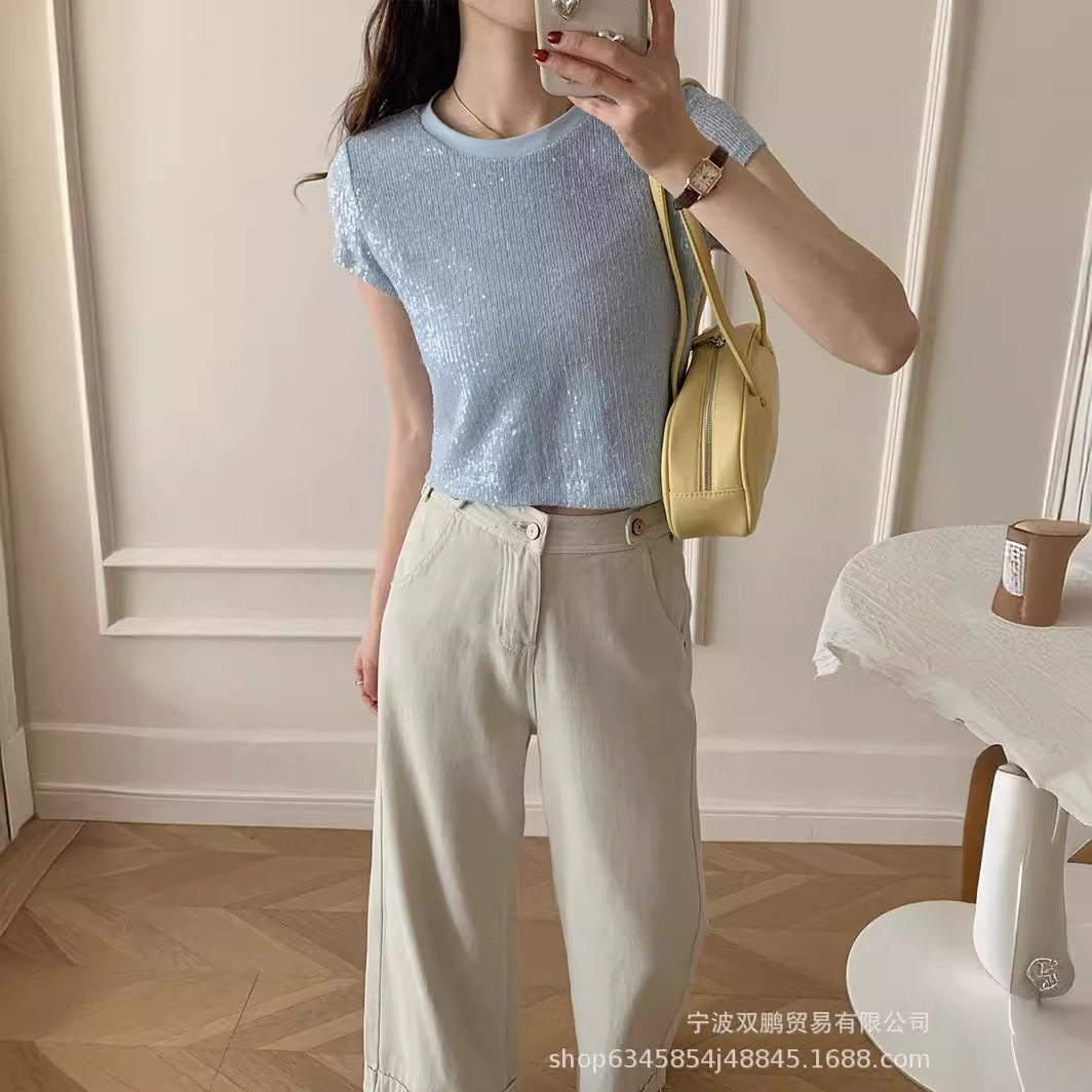 Summer Womens Sheer Mesh Top Short Sleeve Sequin Detail Pastel Colors Casual Wear Wholesale Available