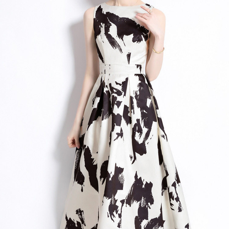 Vintage French Style Sleeveless A Line Dress Round Neck Waist Defining Floral Print Summer Casual Wear Wholesale