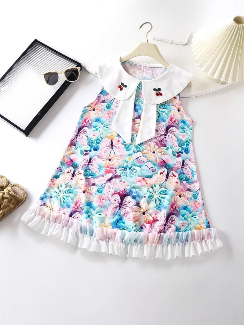 فستان بنات جديد للصيف، فستان بدون أذرع 3D مطبوع على شكل حرف A للأطفال الصغار والوسطى والكبار