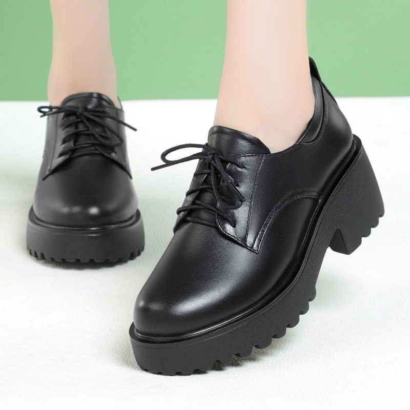 女士皮鞋真皮休闲中年妈妈鞋春秋系带深口单鞋女粗跟中跟厚底女鞋,淘宝优惠券,粉丝福利购,淘宝优惠卷