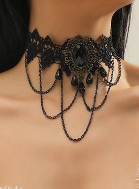 欧美跨境饰品黑色颈链蕾丝 锁骨链轻奢级感 镂空流苏哥特项链女