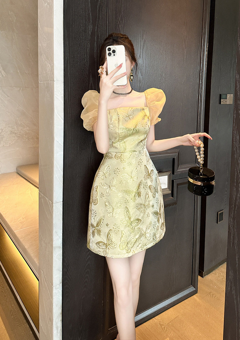 Đầm cổ yếm retro Pháp tay phồng thêu hoa, dáng chữ A, eo cao — [Bướm vàng] chi tiết 10