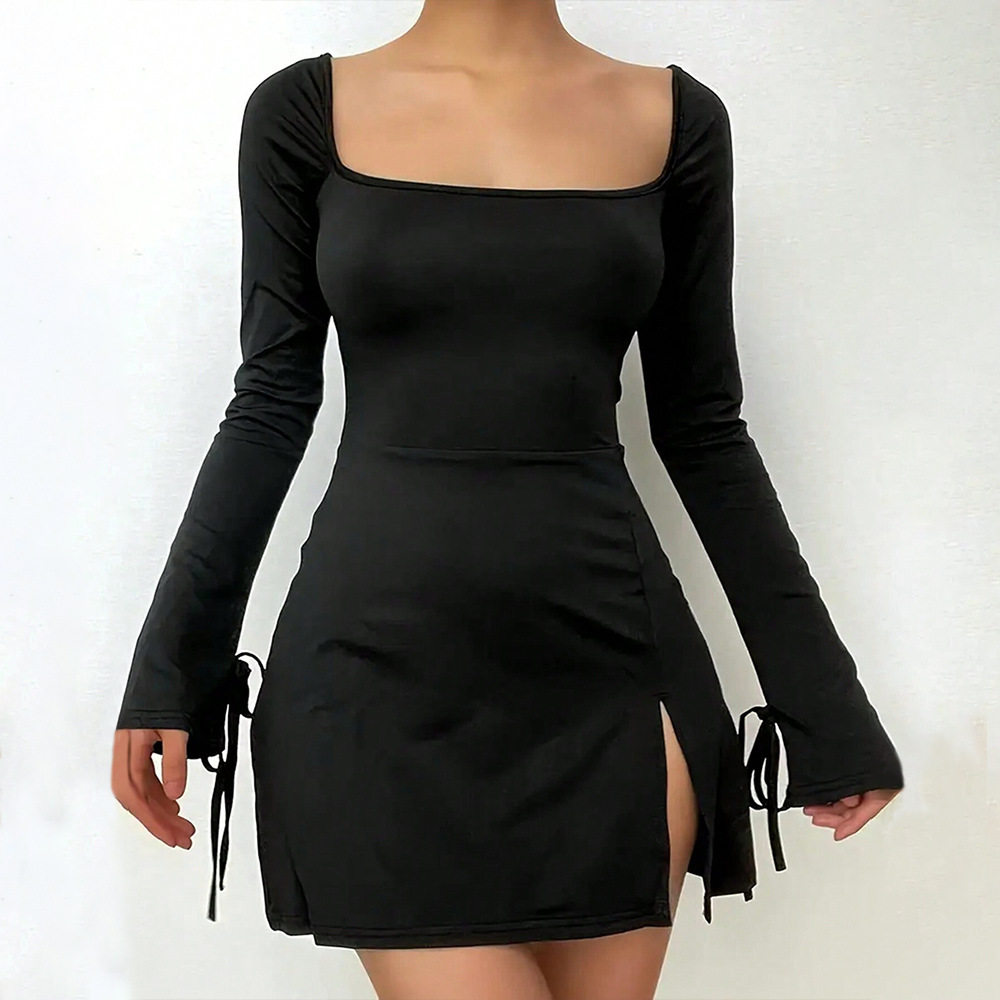 Red A Line Dress Square Neck High Waist Short Length Split Design Spring Summer Casual Wear Wholesale Available