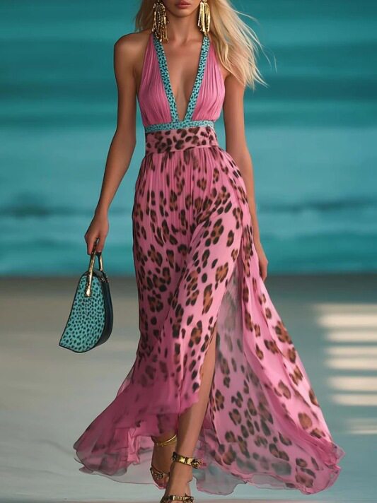 Womens Leopard Print Deep V Neck Sleeveless Split Dress Trendy Autumn Style Perfect for Parties and Events Wholesale