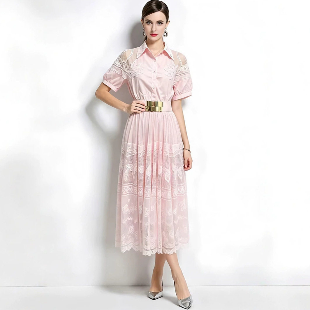 French Romantic Pink Hollow Lace Dress Summer A Line Waist Defined Elegant Style Perfect for Special Occasions