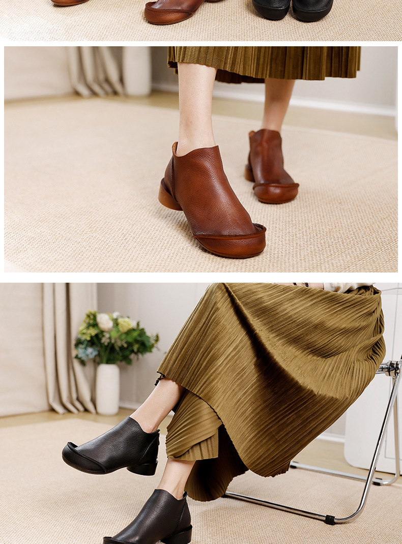 Boot cổ thấp nữ da thật viền bèo gót thô đế mềm — Màu đen, Màu nâu