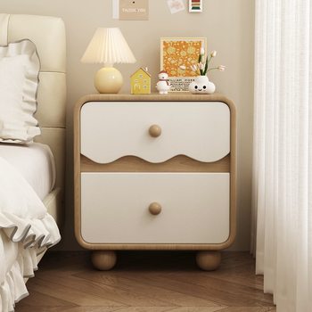 Children's Bedside Table Solid Wood Wave Pattern Small Simple Bedside Cabinet Home Use Mid-Century Style Light Luxury High-End Storage Cabinet