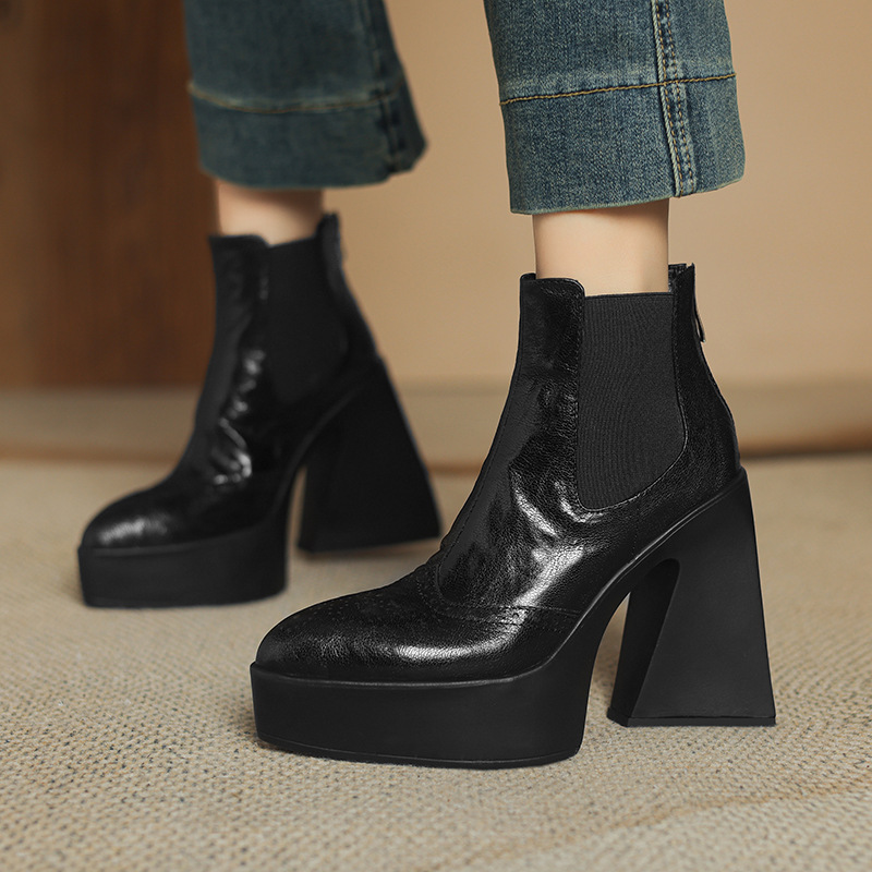 Boot nữ cổ thấp gót thô mũi nhọn phong cách Chelsea — Màu đen lót một lớp, Màu đen lót nhung, Màu nâu lót một lớp, Màu nâu lót nhung