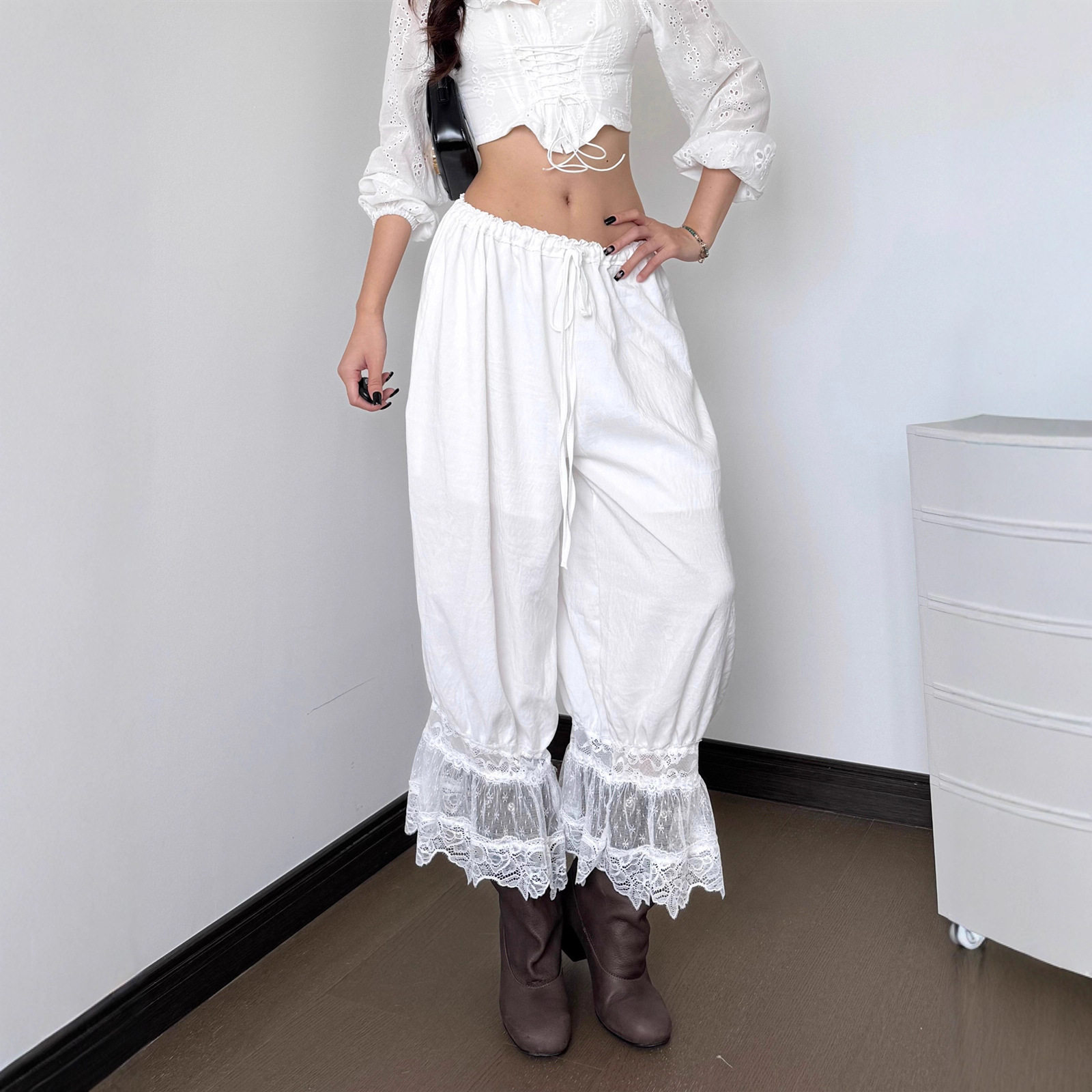 Womens Casual Low Waist Pants Fashionable Lace Patchwork Trendy Street Style Autumn Wholesale Available