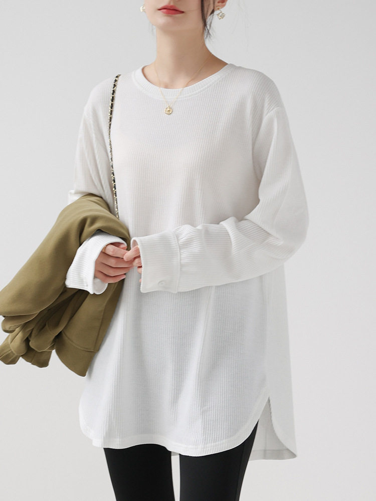 Waffle Butt-Covering Long-Sleeved T-Shirt for Women in Spring & Fall, Pregnant Women's Inner Arc Top, Mid-Length Loose Bottoming Shirt