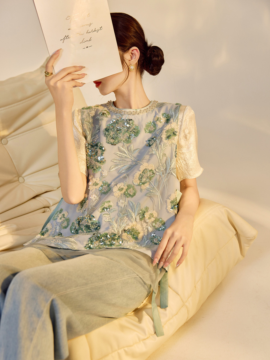 Áo vest nữ thêu cườm đính đá cổ tròn phối hoa văn — Jiyue Blue (giao hàng trong 7 ngày), Jiyue Blue (phát hành cùng ngày)