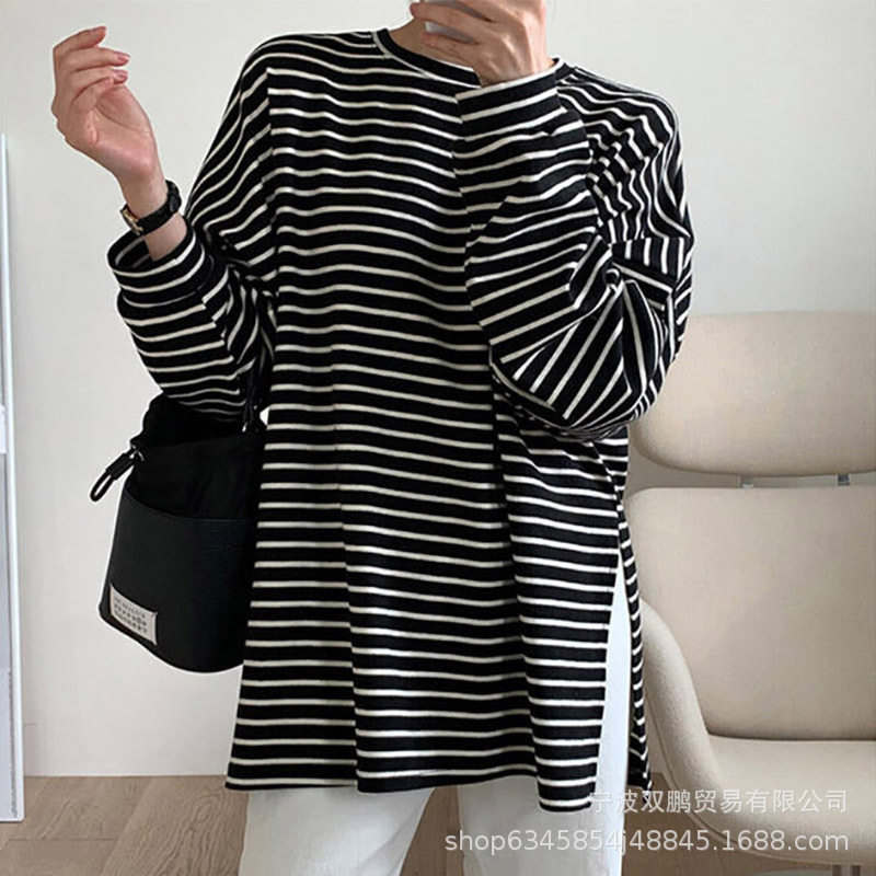 Womens Striped Loose Fit Cotton T Shirt Casual Long Sleeve Round Neck Side Slit Spring Summer Fashion Wholesale