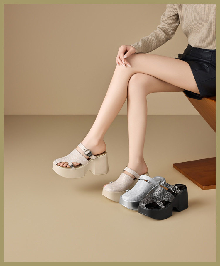 Sandal cao gót nữ hở mũi đế xuồng 10 cm da bò thật phong cách La Mã — [Đen], [Bạc], [Vàng nhạt] chi tiết 1