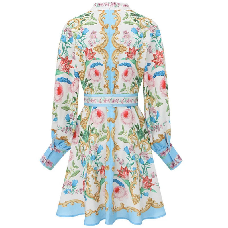 V Neck Lantern Sleeve Floral Print Dress Slim Fit A Line Silhouette Spring Summer Style Perfect for Office Wear